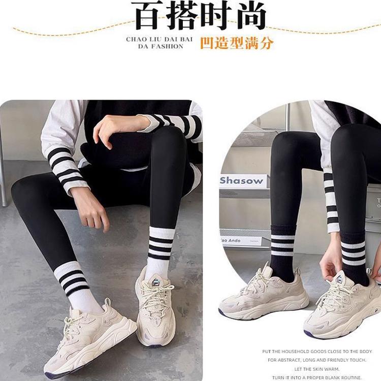 搭配鲨鱼裤的袜子女夏季薄款条纹ins潮黑色白色外穿学生运动长袜 - 图0