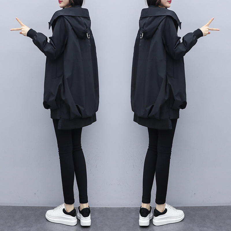 小七家韩版女装店年春上新韩版卡其色宽松休闲连帽风衣女中长款黑色气质外套潮0