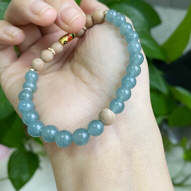 孤品！天然翡翠冰危蓝配木头手串珠子6mm周长15cm不退换