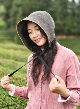 闲云夏布｜仕女帽植物染文艺复古法式赫本风宽檐遮阳度假手织布