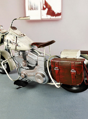 复古白色铁艺哈雷摩托车模型摆件