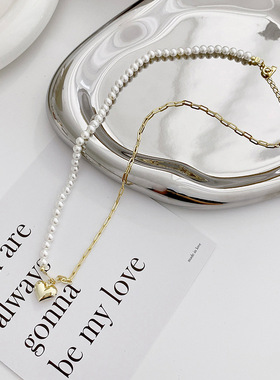 14K金色爱心贝珠项链女生夏季法式小香风ins轻奢锁骨链小红书同款