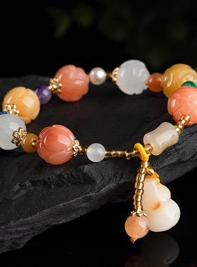 天然新疆金丝玉葫芦莲花手串古风