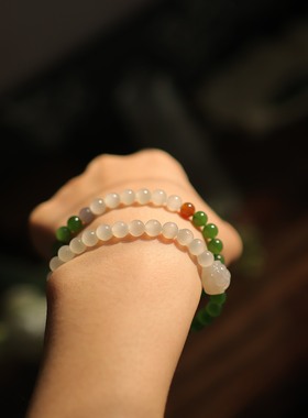 天然和田玉6mm猫眼双圈手串