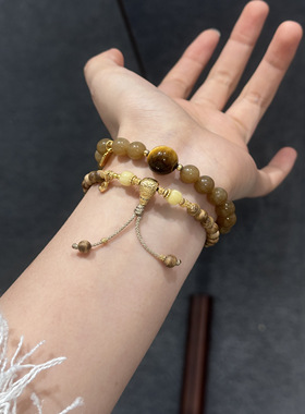 暖玉天然和田玉虎睛石单圈手串