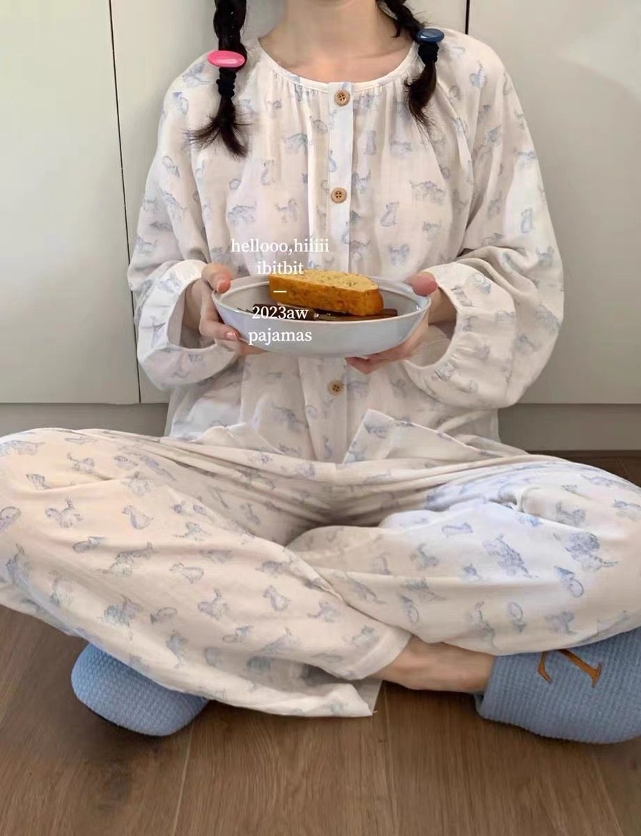 韩版双层婴儿棉纱卡通动物睡衣柔软亲肤素描猫咪纱布家居服套装,淘宝优惠券,粉丝福利购,淘宝优惠卷