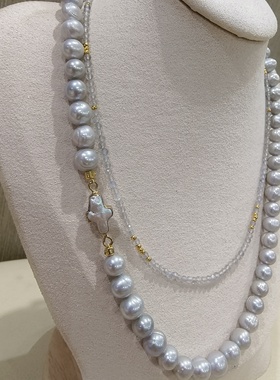 天然淡水银灰色珍珠巴洛克十字珍珠送水晶链两件套叠戴款微瑕特价