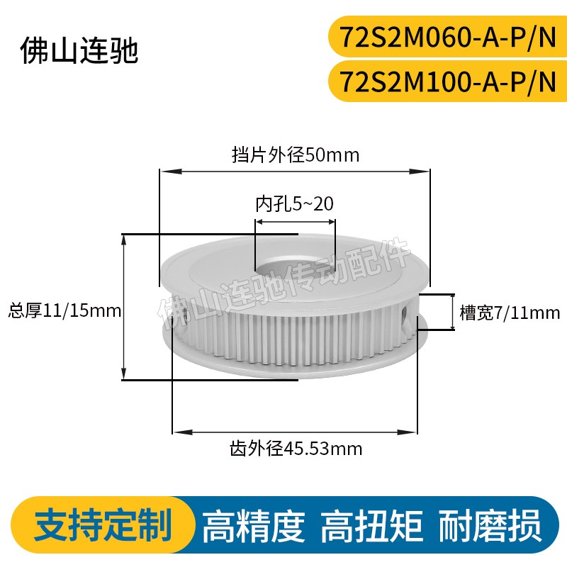 S2M72齿同步皮带轮槽宽7/11A型 铝合金氧化HTPA72S2M060-A-P5-20 - 图0