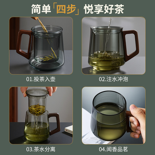 1.1升大容量泡茶杯家用玻璃茶杯男士办公室专用水杯茶水分离杯子 - 图3