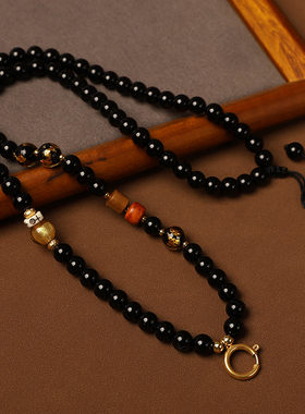 黑玛瑙原创佛牌链子金箔琉璃快拆唐卡挂绳吊坠文玩玉石唐卡编绳