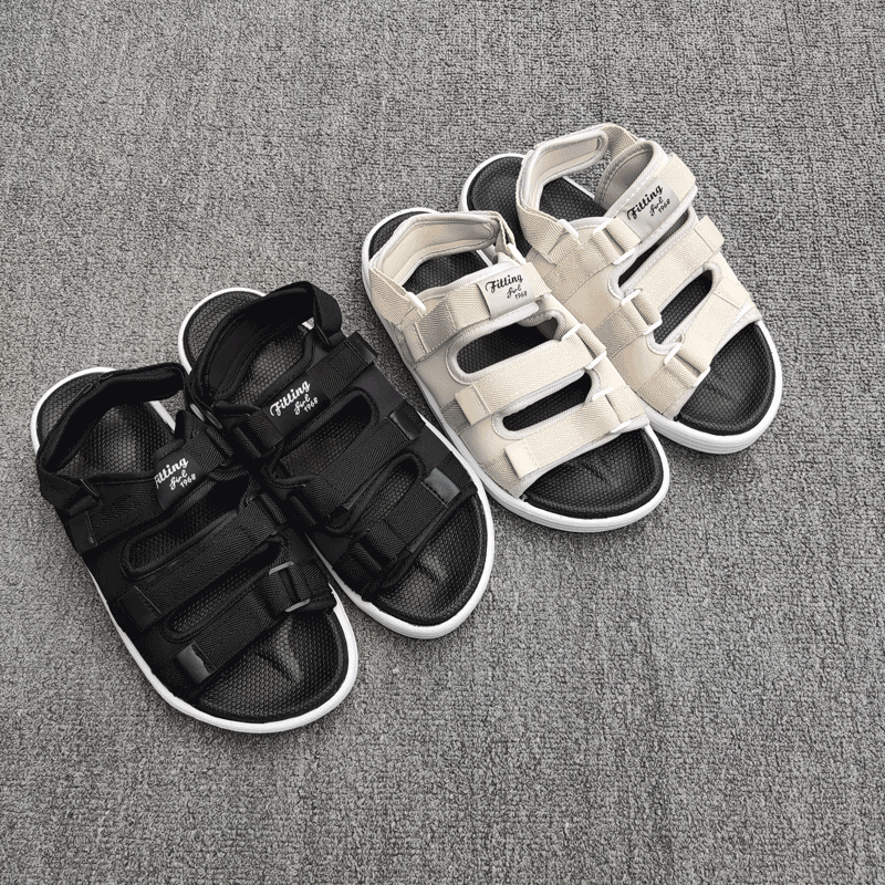 平底凉鞋三条杠罗马魔术贴沙滩鞋 休闲凉拖鞋男女 情侣大码GC110 - 图0