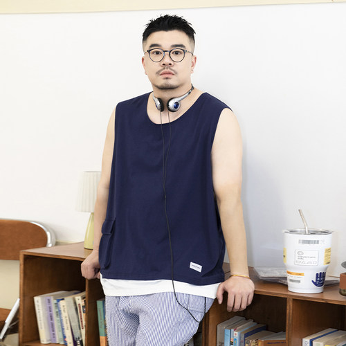 韦恩泽维尔大码假两件拼接背心男夏宽松打底汗衫休闲无袖t恤8804 - 图0