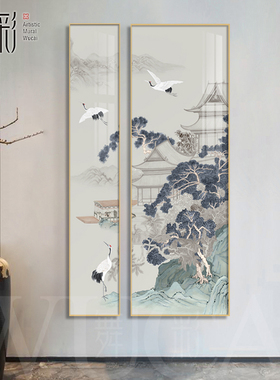新中式山水背景墙画客厅装饰画会所走廊竖版酒楼包厢四联组合挂画