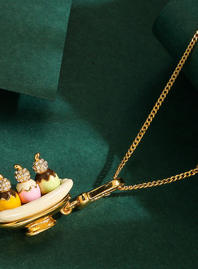 新款百搭铜镀金外贸饰品珐琅彩釉镶钻冰淇淋香蕉船吊坠项链包挂件