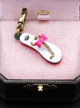 新款跨境珐琅釉立体镶钻粉色蝴蝶结拖鞋凉鞋吊坠精致人字拖锁骨链