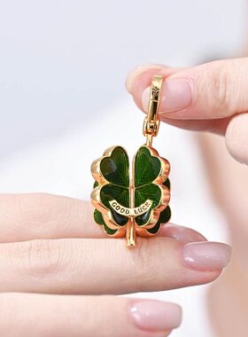 新款外贸饰品立体珐琅釉绿色四叶草吊坠包挂精致幸运草锁骨卫衣链
