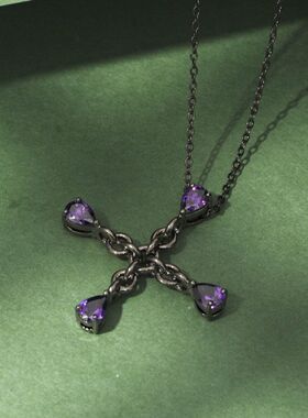 新款复古风紫色水滴锆石镂空十字架吊坠项链甜酷个性暗黑系锁骨链