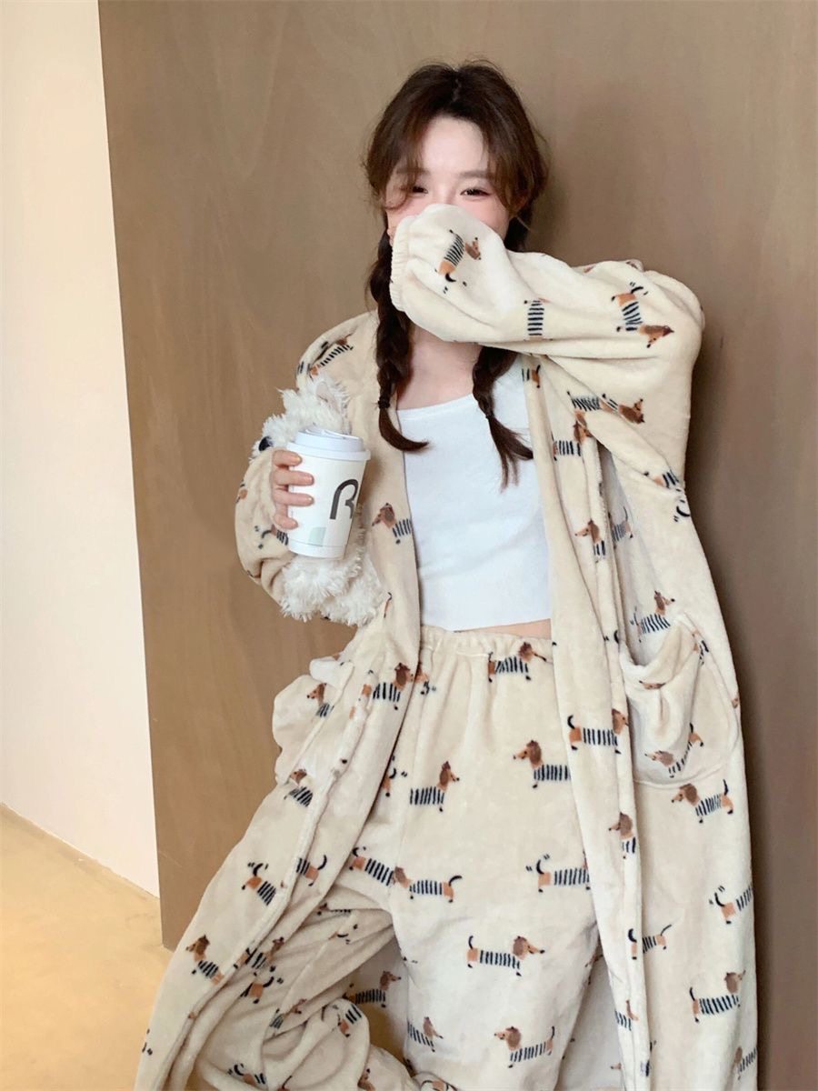 秋冬季加厚保暖法兰绒腊肠狗女士睡衣睡袍长裤连帽浴袍卡通家居服,淘宝优惠券,粉丝福利购,淘宝优惠卷