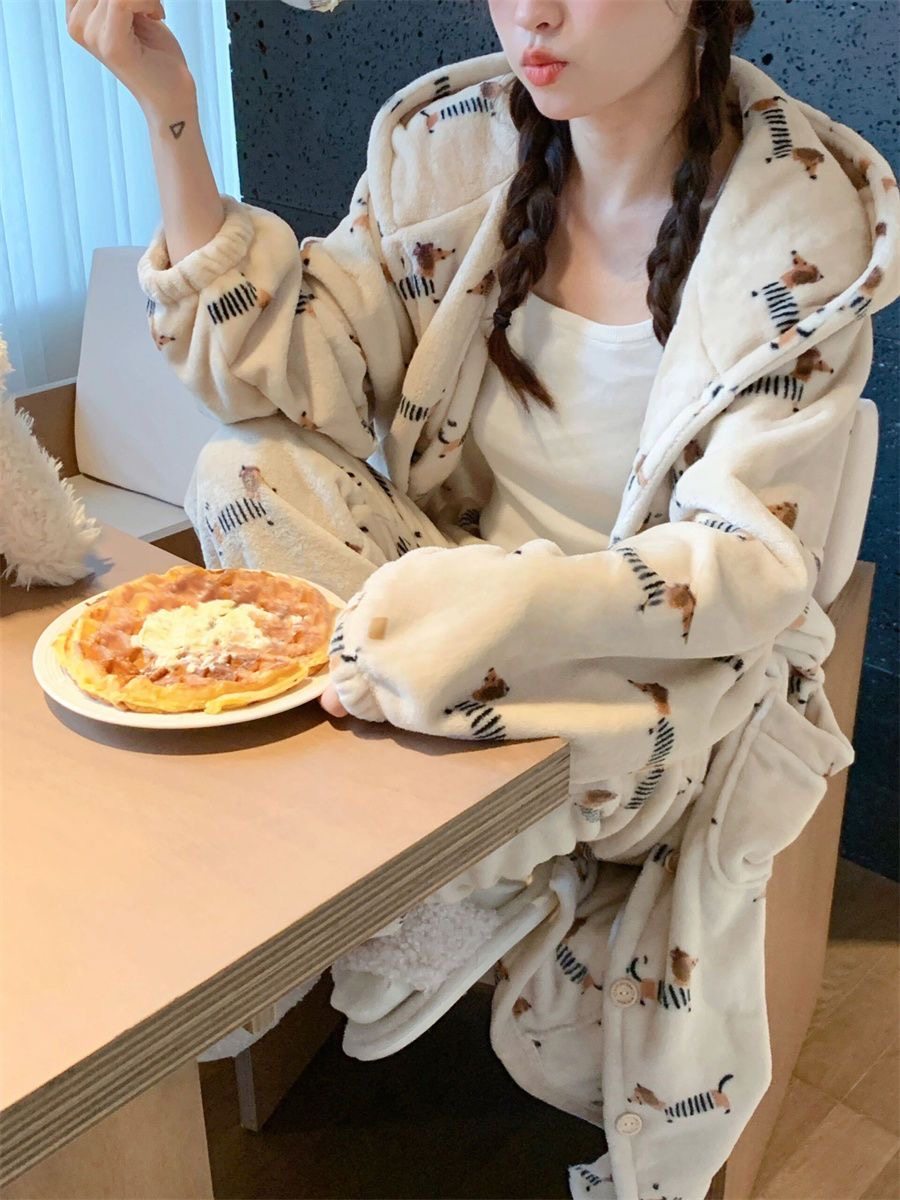 秋冬季加厚保暖法兰绒腊肠狗女士睡衣睡袍长裤连帽浴袍卡通家居服,淘宝优惠券,粉丝福利购,淘宝优惠卷