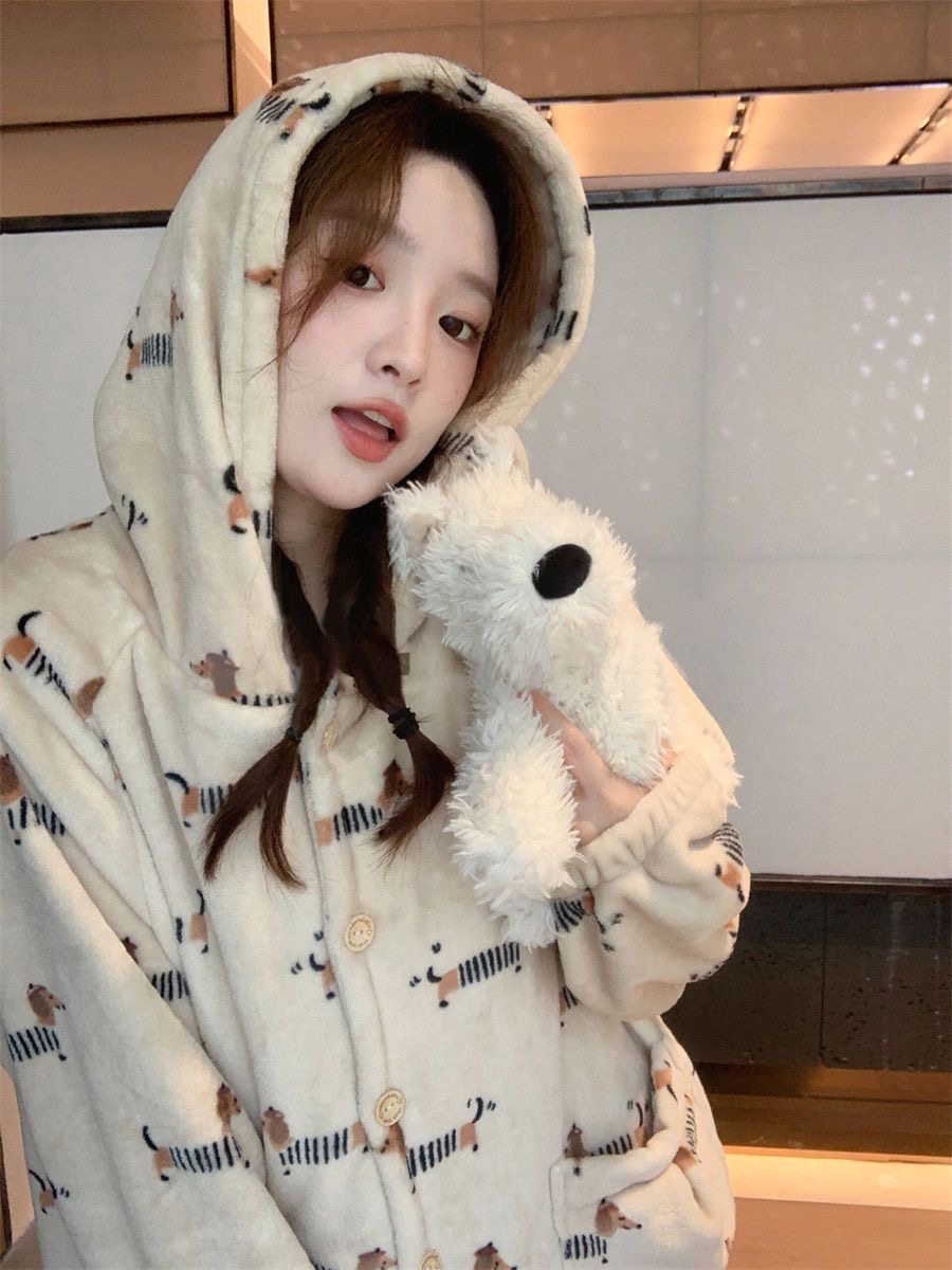 秋冬季加厚保暖法兰绒腊肠狗女士睡衣睡袍长裤连帽浴袍卡通家居服,淘宝优惠券,粉丝福利购,淘宝优惠卷