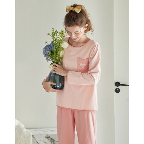 芬腾长袖睡衣女士套头圆领春秋季纯棉韩版清新全棉大码家居服套装 - 图0