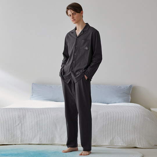 芬腾男士睡衣春秋季纯棉长袖开衫套装大码休闲宽松男款全棉家居服