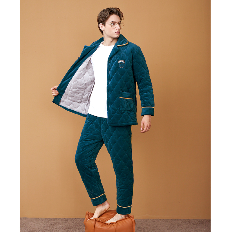 芬腾布朗熊睡衣男三层加厚夹棉加绒保暖珊瑚绒套装冬季棉袄家居服