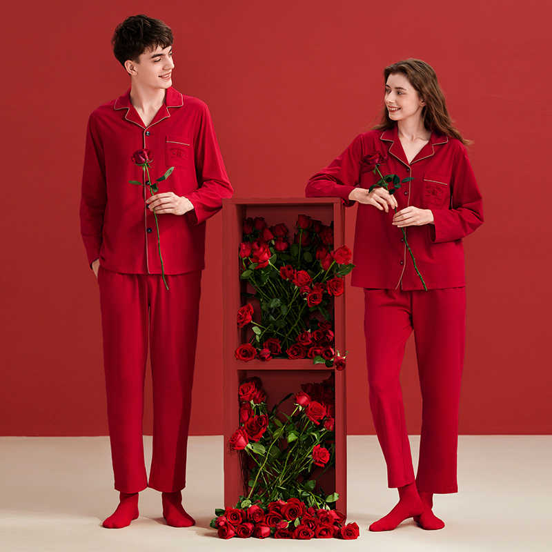 芬腾情侣红色纯棉长袖本命年男睡衣 芬腾睡衣/家居服套装