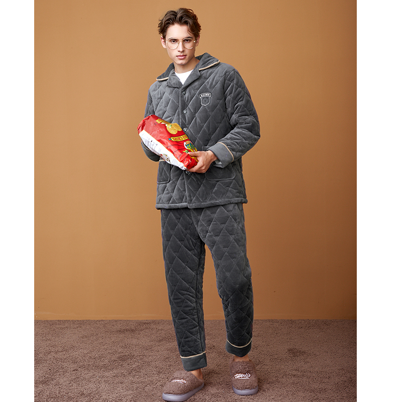 芬腾布朗熊睡衣男三层加厚夹棉加绒保暖珊瑚绒套装冬季棉袄家居服