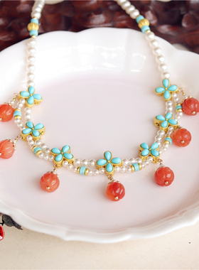 原创中式南瓜蓝松石双层项链璎珞