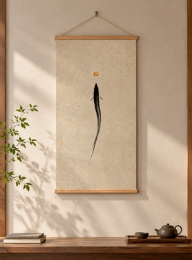 鱼国画卷轴装饰画电表箱遮挡新中式中古风客厅玄关走廊挂画