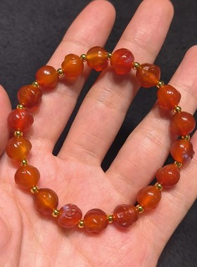 红肉老玛瑙天珠雕刻佛头弥勒佛手链手串红色男女款aqx10