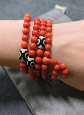 aqx7三眼天珠玛瑙搭配海竹珊珊108颗佛珠手串手链红色复古民族风