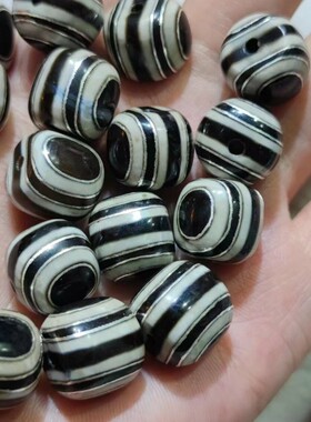 挫银黑白鬼眼西藏药师天珠桶珠diy手串顶珠项链吊坠配珠13*14mm