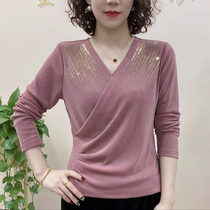 New mom dress V collar long sleeve pure color mesh yarn plus suede undershirt fashion middle age womens temperament elastic blouses