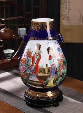 景德镇陶瓷张松茂徐亚凤陶瓷作品粉彩描金天下四美双耳尊花瓶