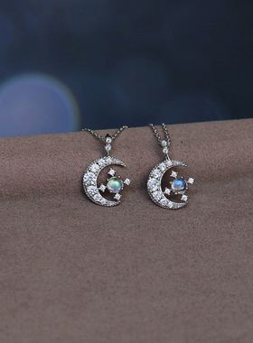 月光石项链女纯银月亮吊坠轻奢小众设计感潮饰品生日礼物送女朋友