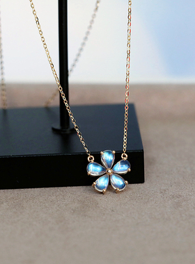 缪媞18K金镶嵌天然月光石花花项链女锁骨链生日情人节礼物 送女友