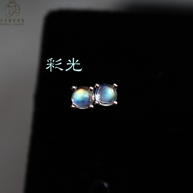 天然月光石耳钉耳针 玻璃体 迷你四爪小耳钉s925纯银耳饰防过敏女 - 图1