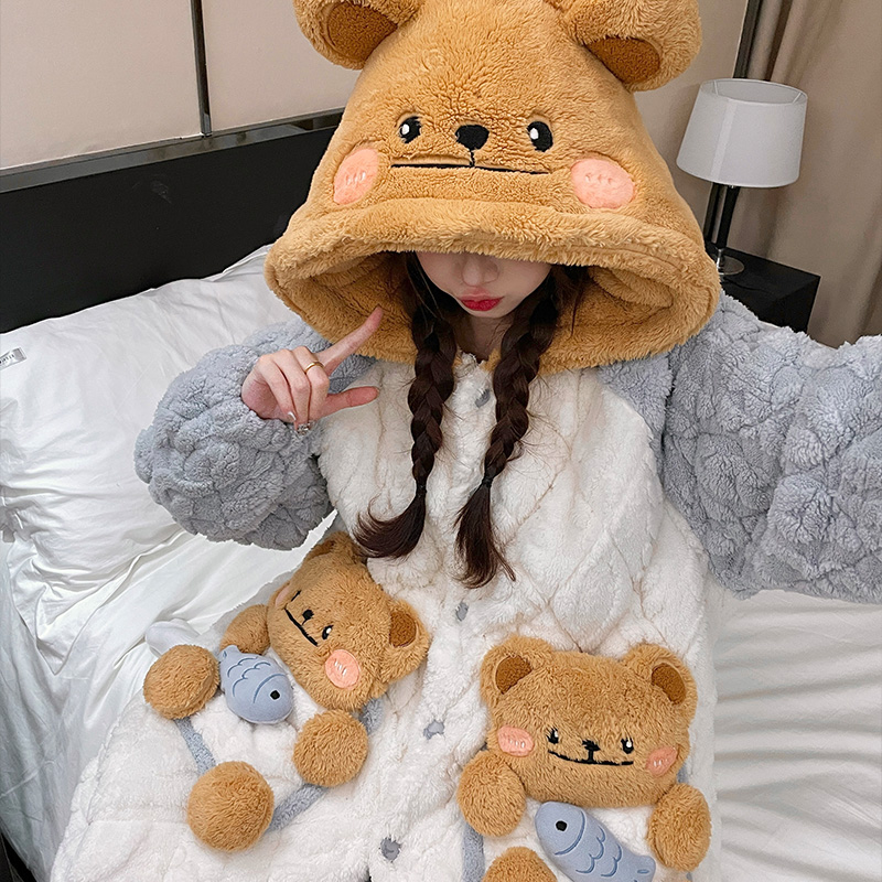 冬季睡衣女珊瑚绒加厚加绒连帽卡通小熊家居服两件套可外穿 - 图3