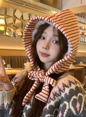 圣诞节红色条纹针织帽