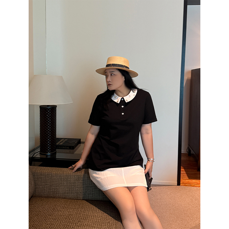 铅笔小鑫大码女装  高尔夫POLO领 重工手工钉珠 修身运动翻领上衣