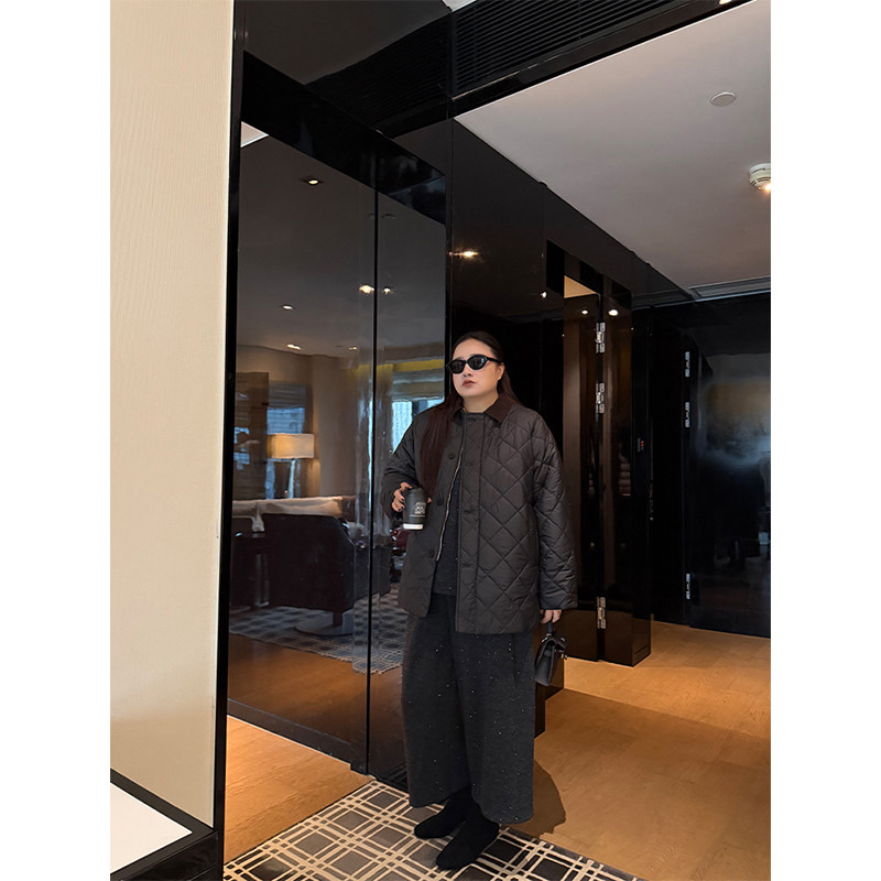 铅笔小鑫大码女装保暖夹棉灯芯绒复古翻领拼接菱格棉服,淘宝优惠券,粉丝福利购,淘宝优惠卷