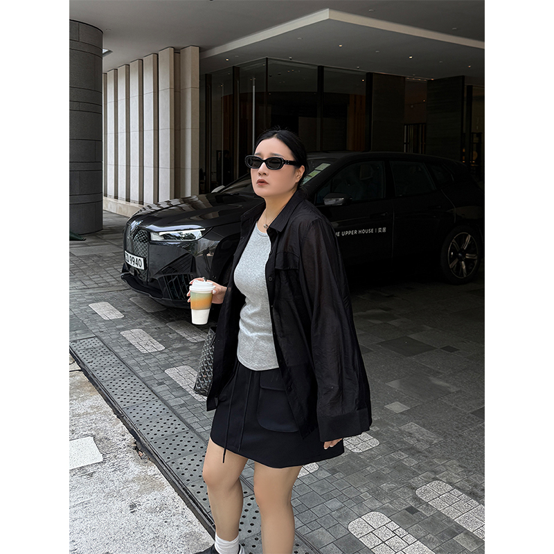 铅笔小鑫大码女装 透气防晒 简约松弛 百搭长袖防晒衬衫 - 图2