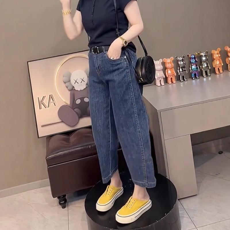 高腰显瘦百搭复古直筒弯刀牛仔裤春季新款大码女装宽松遮胯阔腿裤