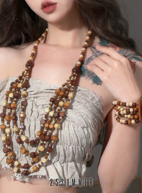 25SUMMER 复古vintage感天然木质椰壳大项链流浪风多层配饰毛衣链