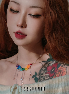 25SUMMER原创 彩虹花园 不掉色复古甜美三叶草花项链流苏锁骨链女