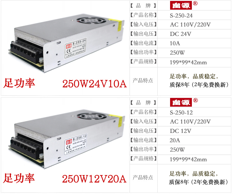 S-250w300W350w  DC24V10A15a DC12V20a30A直流LED监控开关电源 - 图0