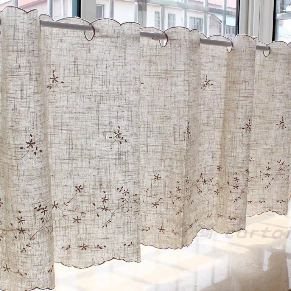 唯美刺绣小花咖啡帘半帘小短帘穿杆帘橱柜帘隔断帘厨房小窗帘门帘,淘宝优惠券,粉丝福利购,淘宝优惠卷