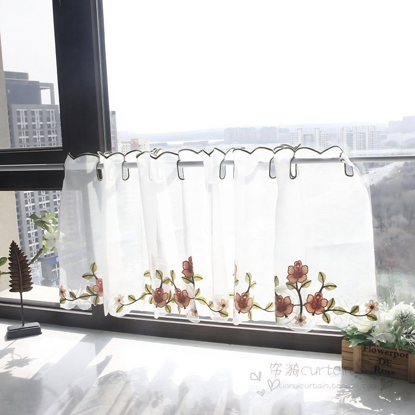 花蔓半帘短帘刺绣咖啡帘成品厨房小窗帘纱橱柜帘隔断帘门帘免打孔,淘宝优惠券,粉丝福利购,淘宝优惠卷